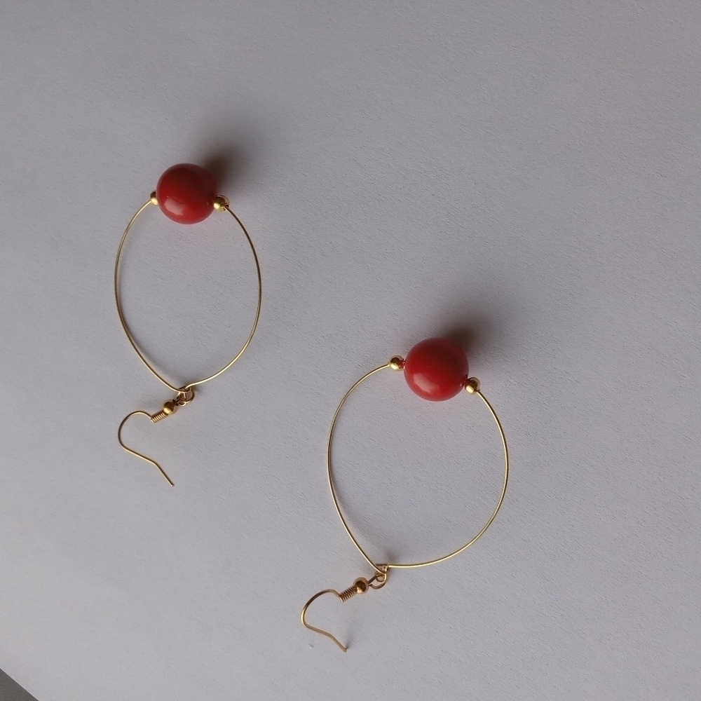 5/$25 Hand crafted Red beaded exposed hoop earrings lagenlook western bohemian - Picture 2 of 5